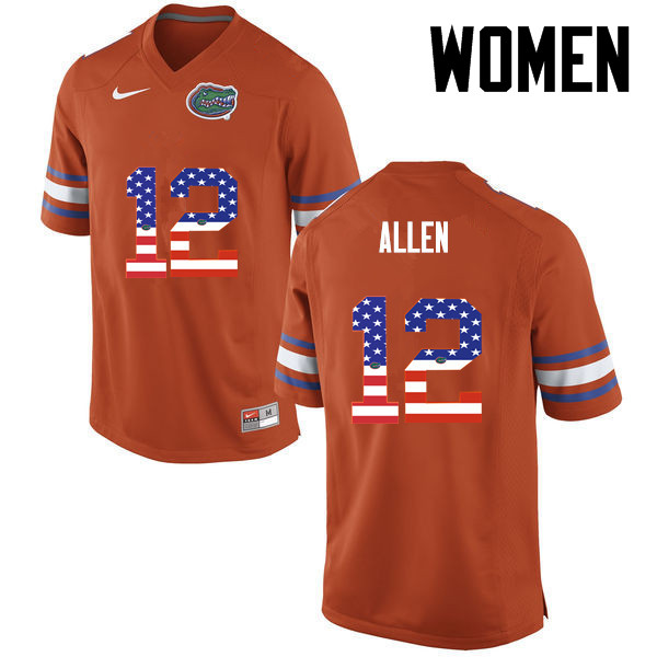 Women Florida Gators #12 Jake Allen College Football USA Flag Fashion Jerseys-Orange